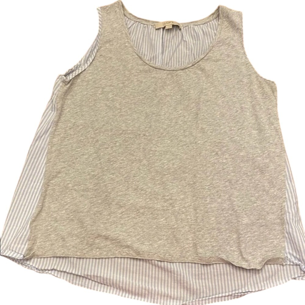 Loft Mixed Media Sleeveless Top Womens Large Gray Blue White Striped Back